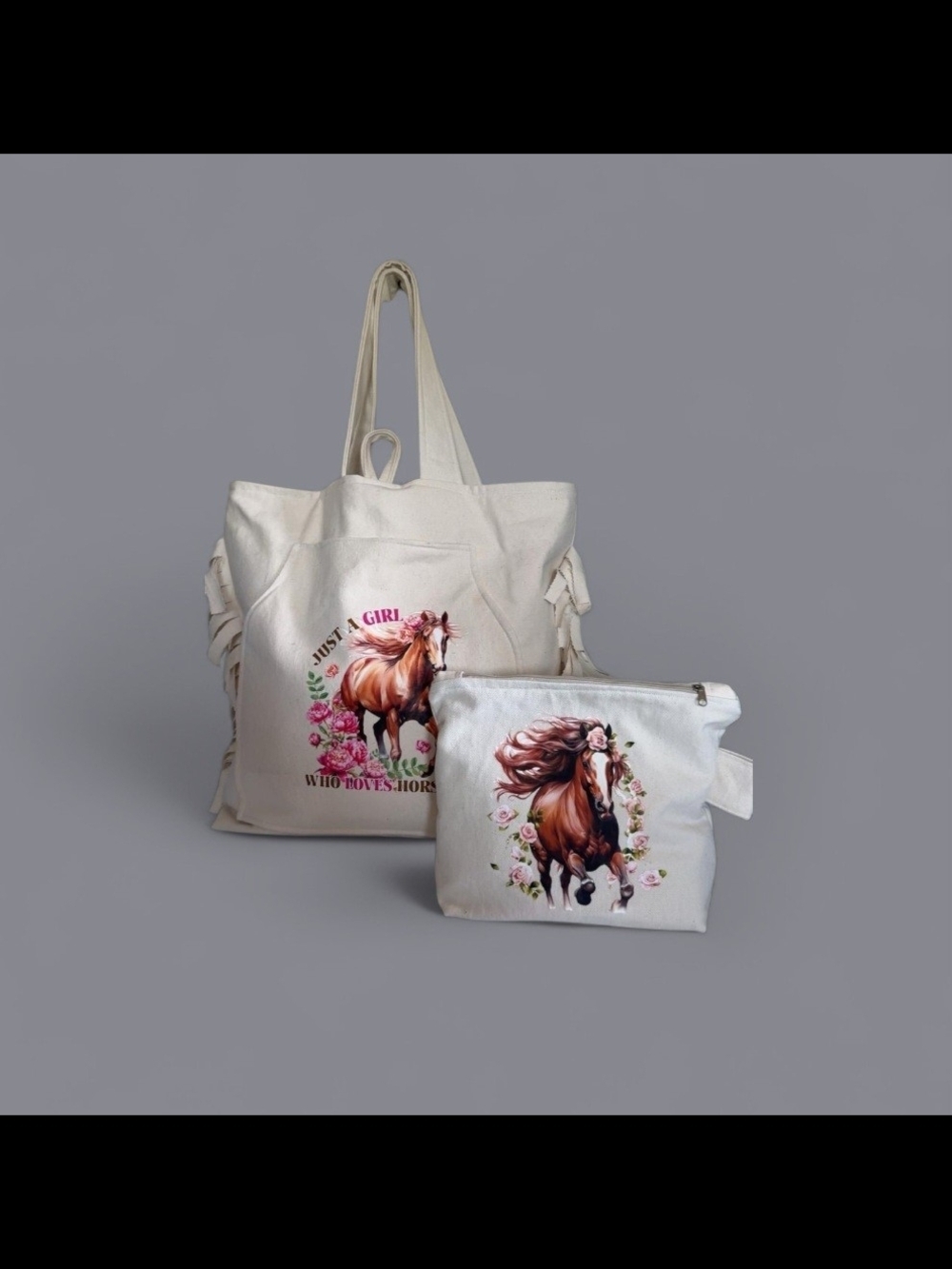 Cream Canvas Tote and Matching Pouch with Horse Print